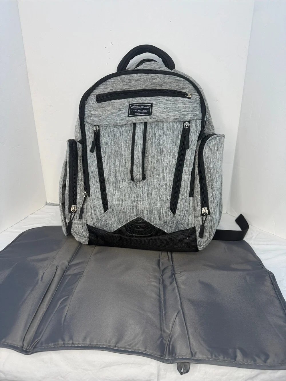 Eddie Bauer Rainier Back Pack Diaper Bag in gray and black.
